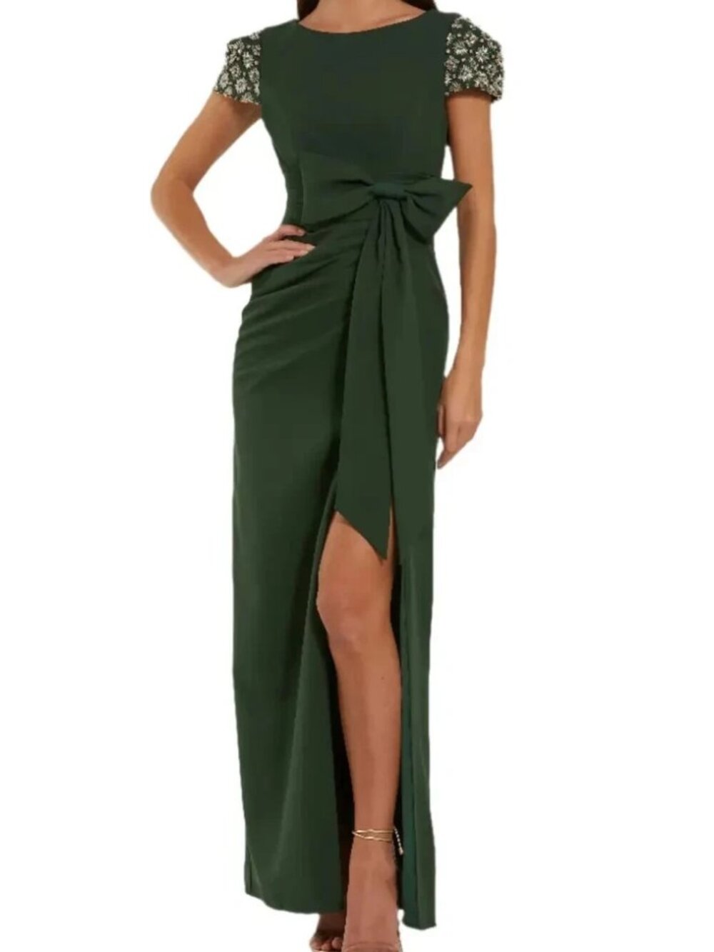 Mac Duggal Forest Green Beaded Cap Sleeve Bow Side Slit Crepe Gown